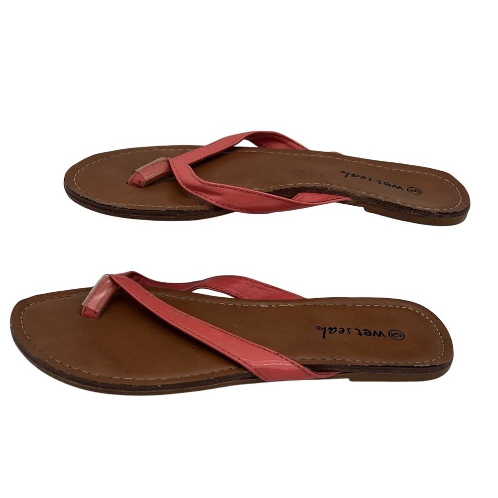 Wet Seal Womens Coral Faux Leather Flip Flops Size 6 Casual Slide Sandals